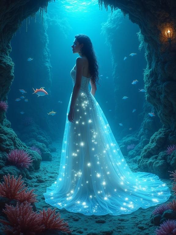 Imagine a serene princess in a flowing bioluminescent gown residing in a coral palace surrounded by glowing marine life