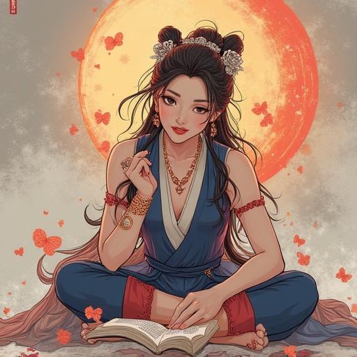 Create an image depicting a dreamy female figure reading a book surrounded by butterflies and a full moon. Use soft colors and traditional attire. The scene should evoke a sense of tranquility and connection with nature.