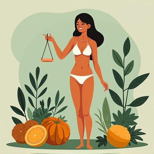 Representation of women's health with natural elements and a female figure holding scales.