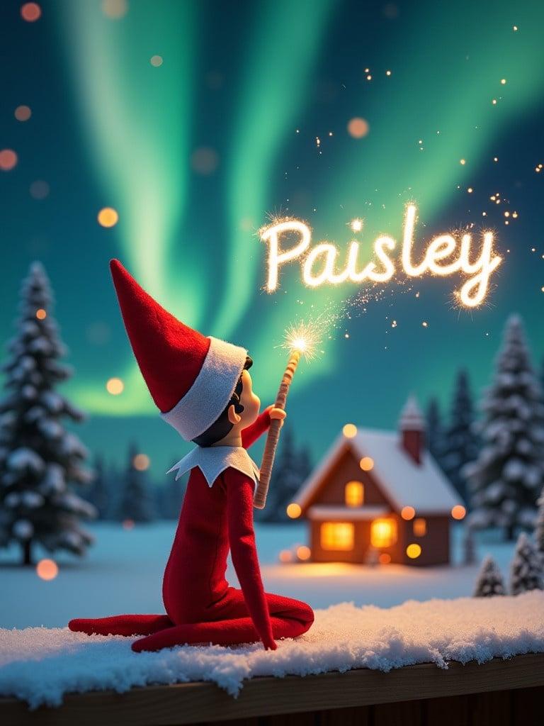 Elf sits on a snowy ledge with back to viewer. Elf gazes at northern lights. Elf holds a glowing wand creating sparkles. Cozy house in background has festive lights. Name 'Paisley' appears in sparkling light. Winter scene evokes holiday cheer.