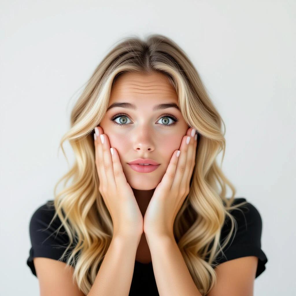 Impressed blonde girl with hands on her face against a white background. Open eyes show surprise or admiration. Soft features and natural expression.