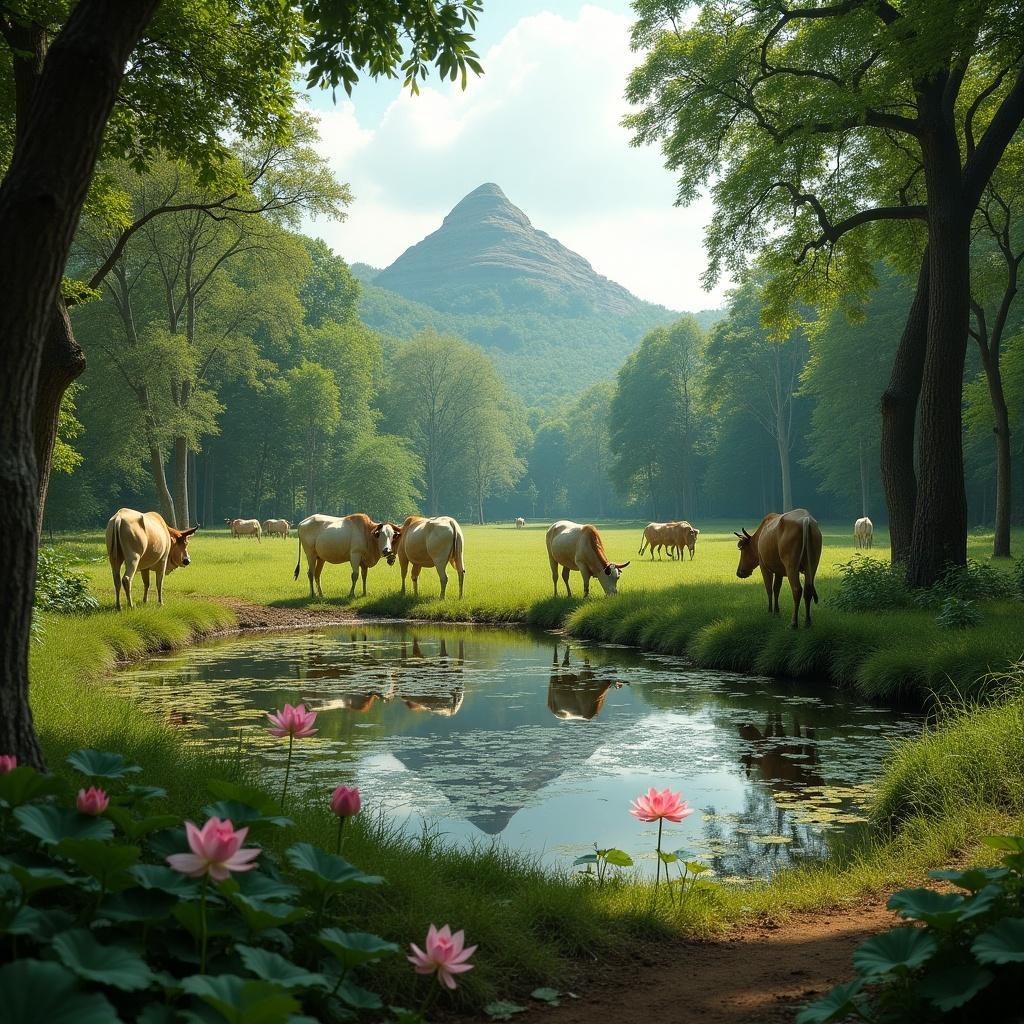 Serene Vrindavan forest landscape with a lotus pond and grazing cows near Govardhan Hill.