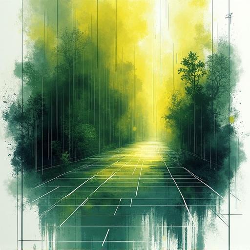 An acid-washed schematic of user interface design in 3D isometric style. Modern wireframe concept with white lines. Features sweeping brushstrokes and splattered droplets suggesting rainfall. Dominant colors include dark green and neon yellow for a brooding watercolor scene.