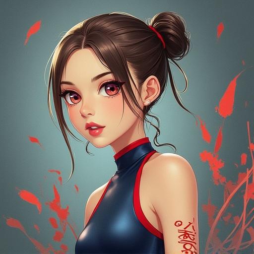 Character design of an anime girl with red eyes and a bun hairstyle. She wears a blue racing suit and has a playful expression. Background features subtle red elements, enhancing the visual appeal.
