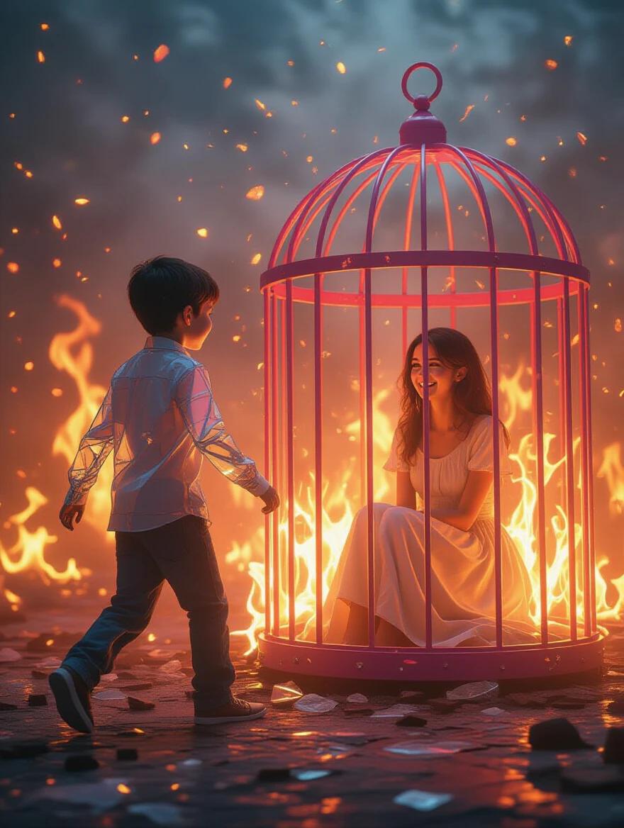 A boy made of glass shards walking toward a glowing girl sitting in a candy-colored cage. She is smiling and unaware of the fire around them. The scene explores themes of toxic love with a soft horror aesthetic.