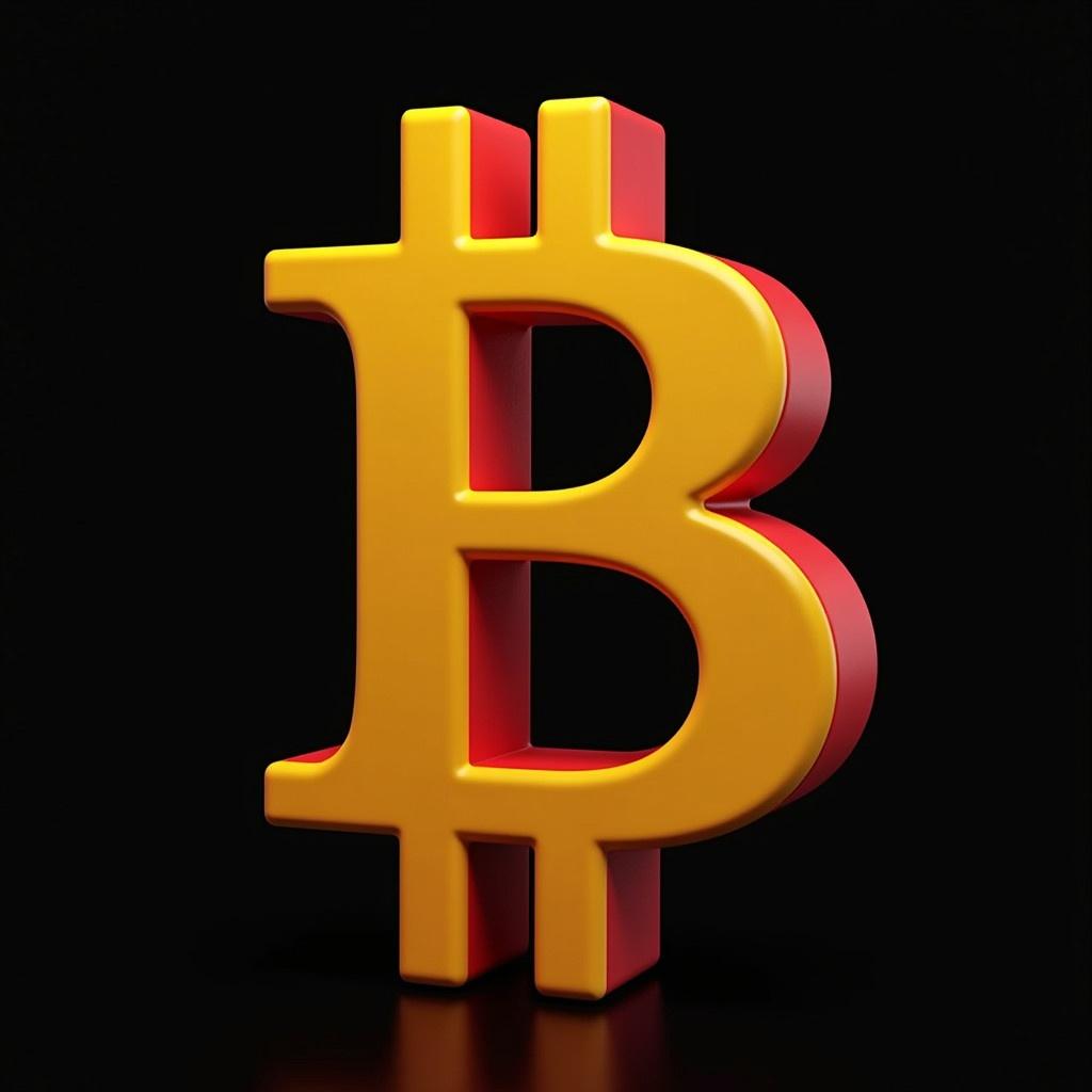 3D rendition of Bitcoin symbol with vibrant yellow and red details on black background.