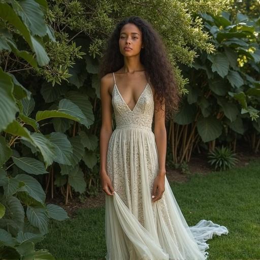 Image of a young woman in a long white dress posing in a garden. Soft background with greenery. Elegant and natural atmosphere.