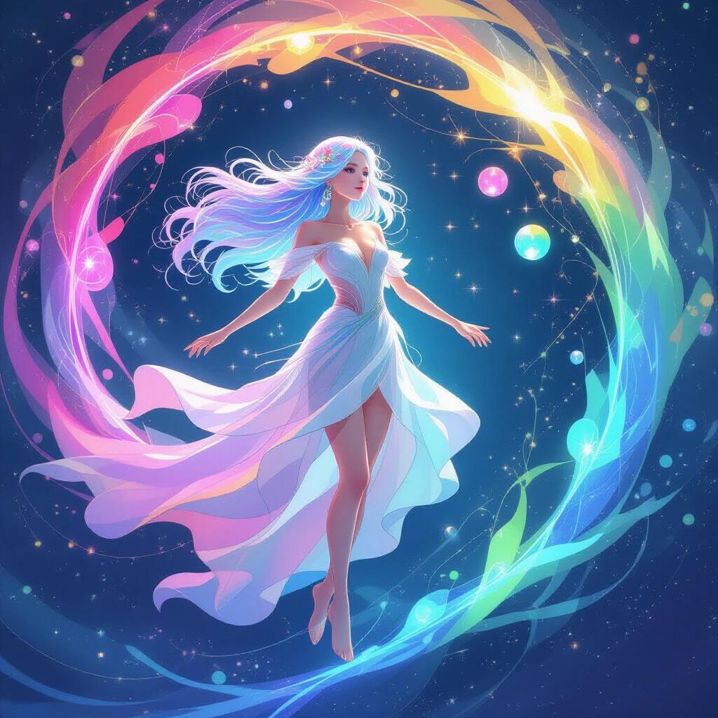 A figure floats within vibrant swirls of colors. The character has flowing hair in pastel hues. She emanates an aura of energy with luminous orbs. The background is deep blue. Her skin appears translucent and radiant. Intricate lines of light wrap around her, creating movement. The colors blend harmoniously to evoke an otherworldly atmosphere. The mood conveys liberation and transcendence.