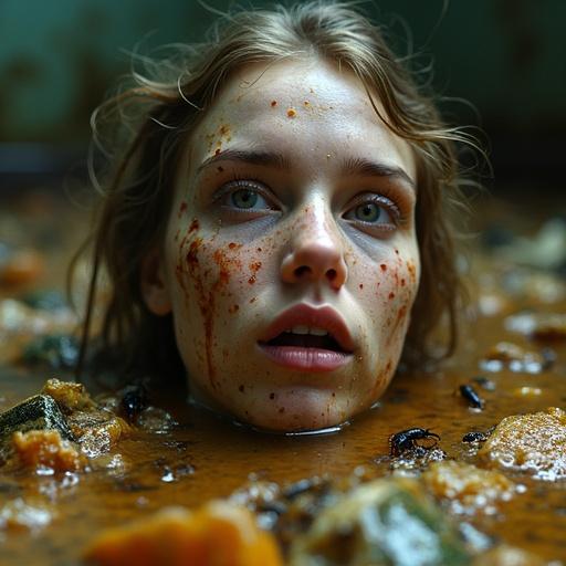 Young woman submerged in semi-liquid biological waste. Surrounded by insects and bugs. Waste on her face and in her mouth. Grim and unsettling scene.