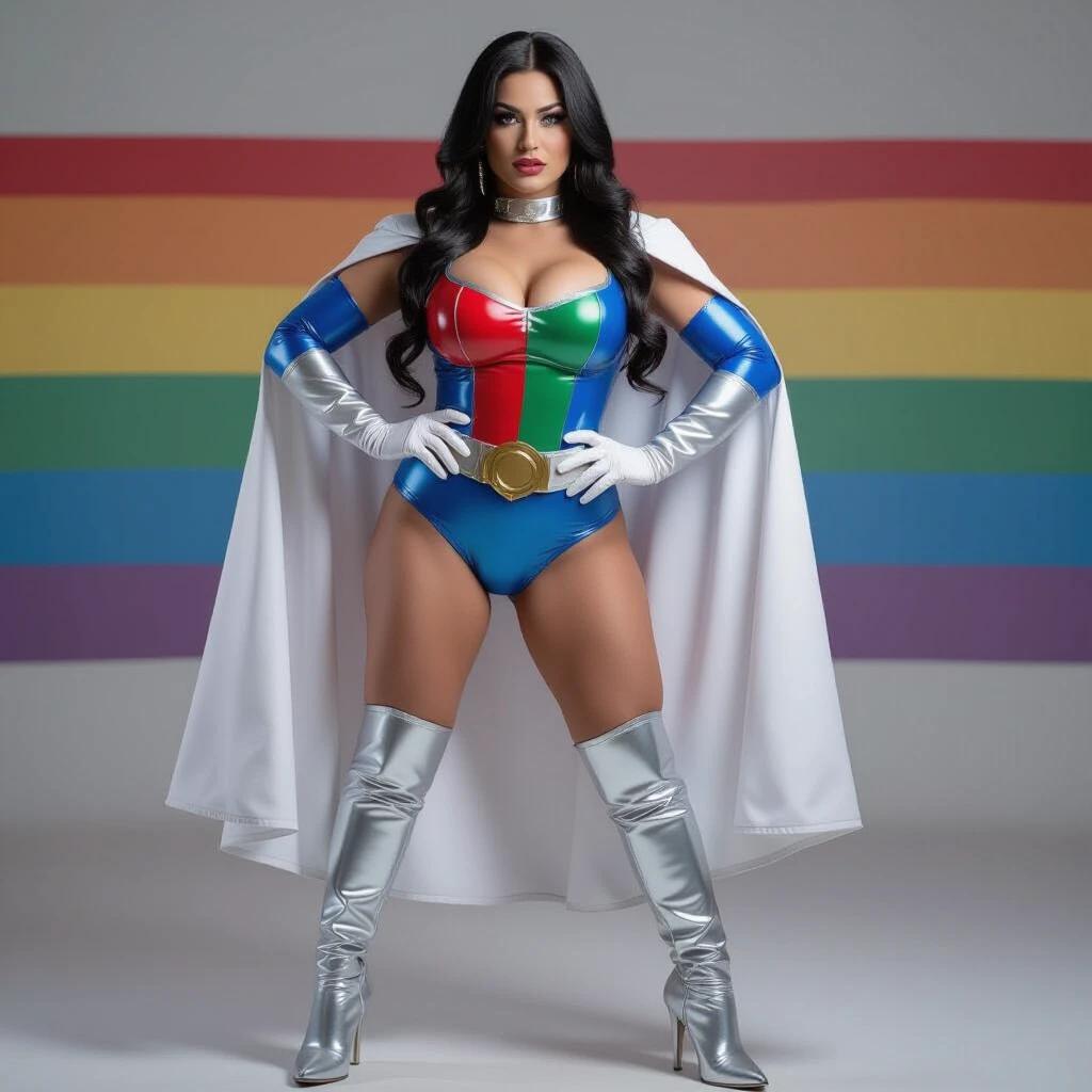 A superheroine posing confidently in a colorful latex bodysuit representing the transgender flag. She wears a metallic silver cape and high-heeled boots. Long black hair cascades down her shoulders. Hands are placed on hips, and she uses laser eyes to melt a stone.