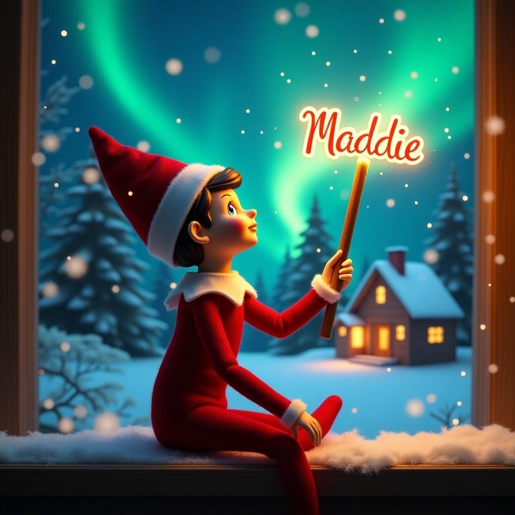 A girl elf sits with back to viewer. Elf gazes skyward holding glowing wand. Colorful northern lights in background. Cozy house in distance. Snow covers ground. Elf embodies Christmas magic and wonder. Name 'Maddie' appears in air from wand.