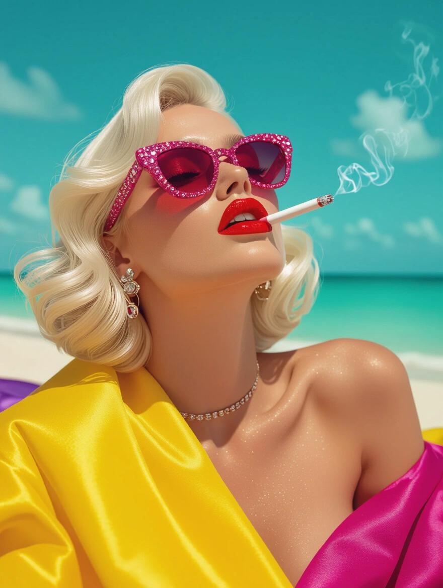 Fashion photography scene at the beach with high saturation. Platinum blonde woman lies on colorful fabric. She smokes a pink cigarette and wears dramatic red glitter lipstick with pink rhinestone sunglasses. Harsh and artificial lighting creates intense shadows among vibrant colors. Surreal turquoise sky completes the scene. Inspired by David LaChapelle and Guy Bourdin for an ultra glossy look.