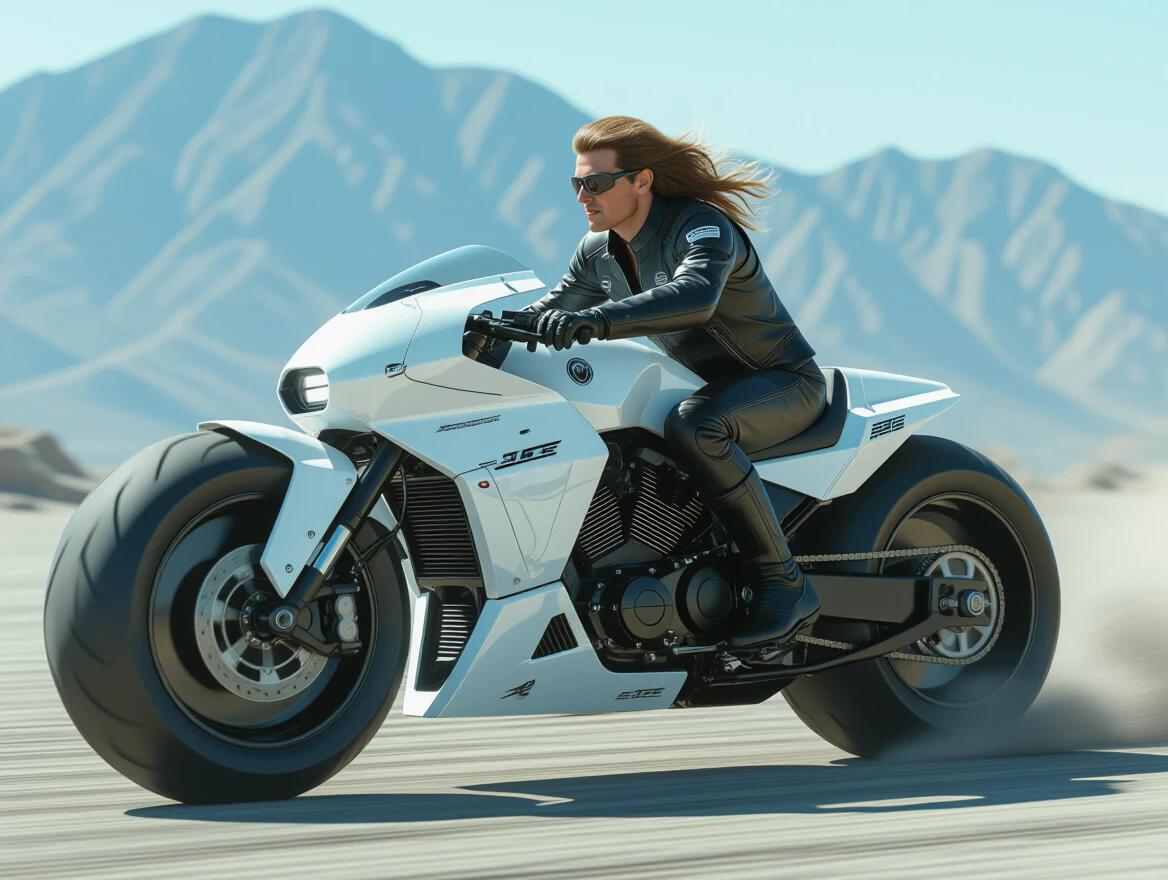 A rider with long hair drives a white retro-futuristic motorcycle. The bike features big dirt tires. Setting in a desert with mountains in the background.