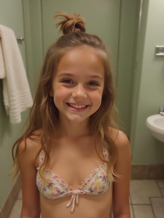 Young girl taking a selfie in the bathroom. Flashes a cute smile. Hair styled in a top knot. Indoor setting with bathroom fixtures.