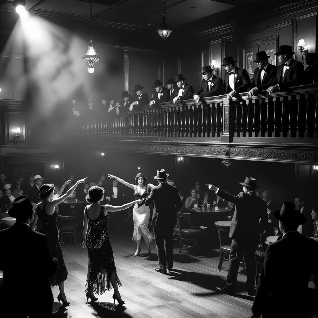 Scene from a speakeasy in the 1920s. Mobsters are upstairs in a shadowy balcony. They observe the dance floor. Performers are engaged in a lively dance. The atmosphere is dramatic and intense. Elegant 1920s attire is worn by all characters. The scene captures the essence of the era.