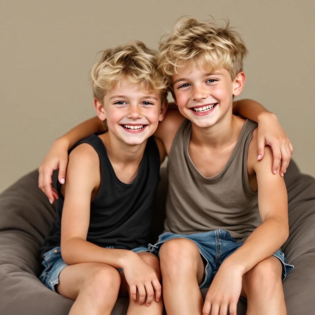 Two boys sit close together on a bean-bag-chair. They wear tank tops and shorts. They have blonde hair and look joyful. They smile and embrace each other. The background is neutral to match their clothing colors.