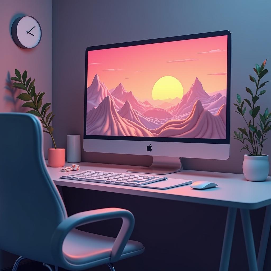 Desk featuring an iMac displaying a mountain sunset. Soft lighting and plants present. Modern workspace aesthetic.