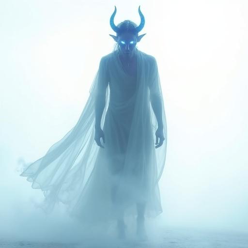 Male tiefling ghost depicted in full-body view. Body is spectral and semi-transparent, emitting a faint blue light. Features include translucent glowing horns and hair tied in a ponytail. Eyes glow softly. Legs fade into mist. Wears a flowing robe made of spectral mist. Form blends into a white background, enhancing ghostly effect. Image has soft focus edges and low contrast with no hard shadows, creating a dreamlike style.