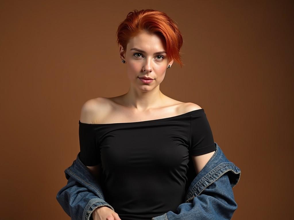 A portrait of a person with vibrant red hair posed confidently against a rich brown backdrop. Dressed in an off-shoulder black top and holding a denim jacket, the subject exudes a sense of contemporary fashion and casual elegance. The lighting is soft, creating a warm and intimate atmosphere.