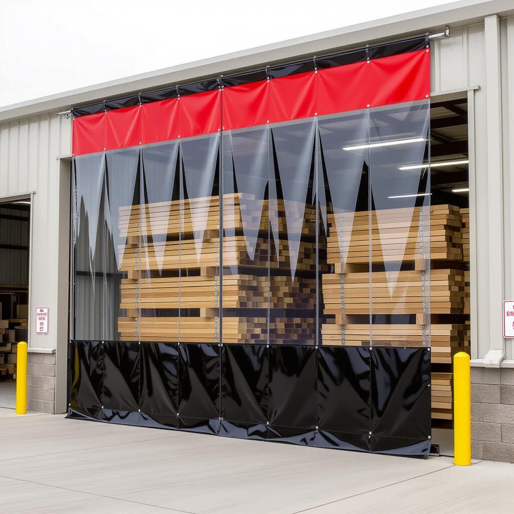 Vinyl industrial curtain with red top and black bottom. Crystal-clear section in the middle. Mounted on industrial track. Outdoor setting next to a building. Behind the curtain are racks filled with lumber.