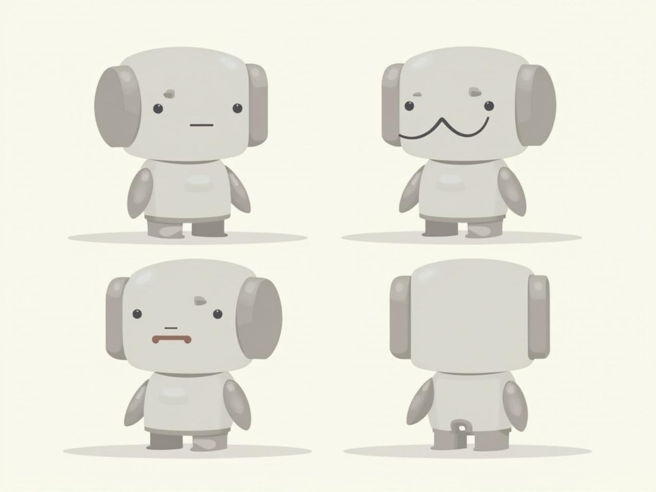 The image features a simple cartoon robot character designed in a minimalistic style. It showcases four different angles of the robot, emphasizing its unique features. The character has a simplistic, friendly appearance with a soft color palette. The background is a plain light color, ensuring that the focus remains on the character. Overall, the design is suitable for animations, games, or merchandise aimed at children.