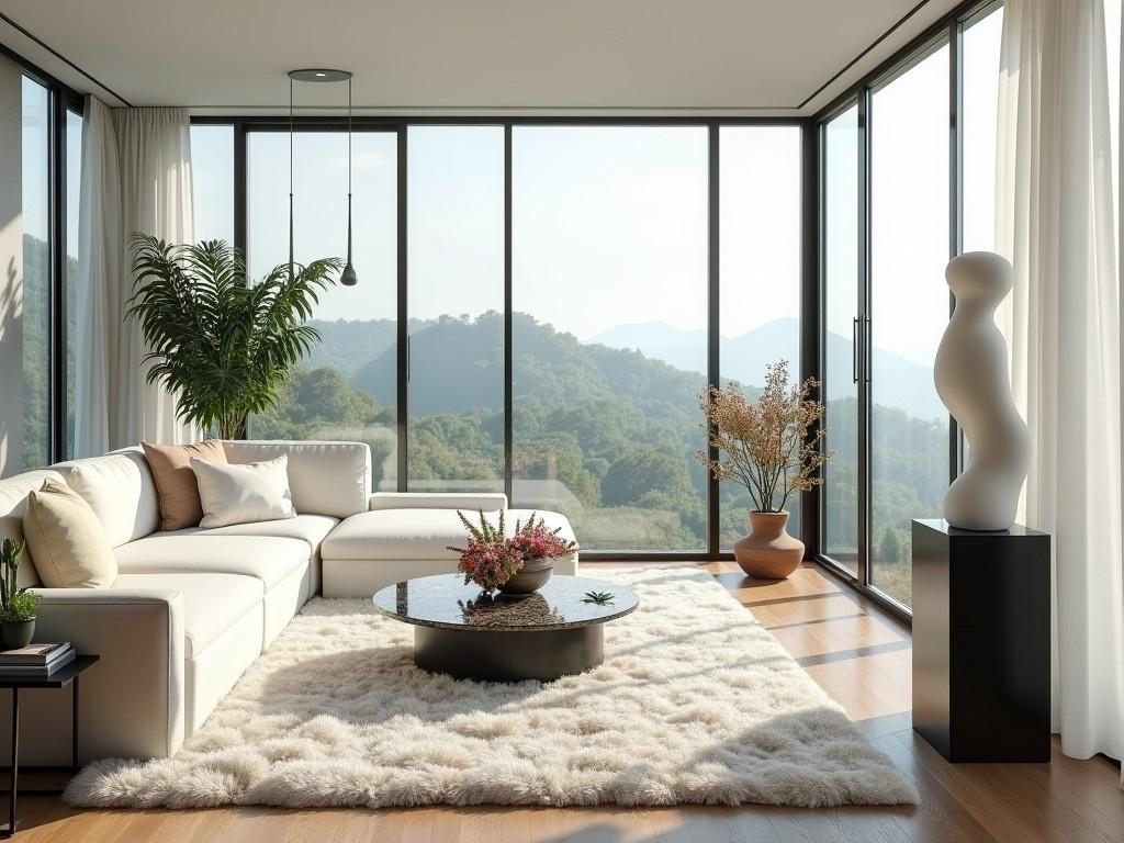 The image depicts a modern living room with an open and airy design. There is a large, white sofa adorned with fluffy pillows, complemented by a plush white rug on the floor. A stylish, reflective glass coffee table sits in the center, enhancing the room's elegance. Numerous windows provide ample natural light, showcasing a panoramic view of the outside. A unique white sculpture stands on a black pedestal, adding an artistic touch to the space. Potted plants and flowers bring a hint of nature indoors, contributing to the overall serene atmosphere.