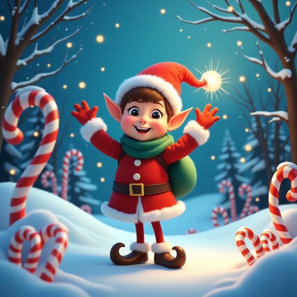 A cheerful elf stands in a winter wonderland. The elf, wearing a red outfit and a Christmas hat, poses joyfully. Candy canes surround the elf, with a magical atmosphere illuminated by sparkling lights.