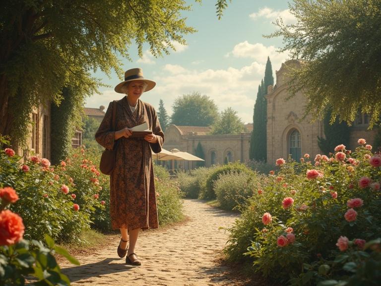 A young woman strolls in a sun-dappled English garden filled with blooming roses. She holds a notebook. The scene shows glimpses of archaeological digs in the Middle East, hospital wards, writing desks, and drawing rooms, reflecting a life full of curiosity and resilience.