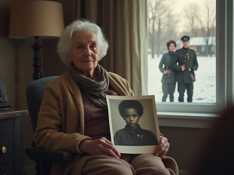 An elderly woman seated in a softly lit modern living room. She holds a faded photo of a young Black child. Behind her, translucent memories swirl. A young German woman on a snowy East Prussian landscape with an American soldier forms a poignant backdrop.