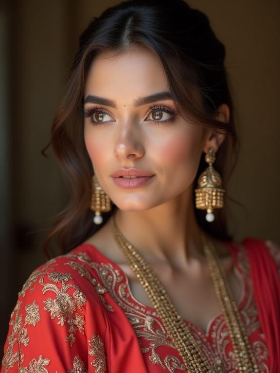 A beautiful model wears a Punjabi salwar suit. The model displays realistic skin texture and subtle natural makeup. The portrait is captured with a DSLR camera using a 50mm lens for high detail.