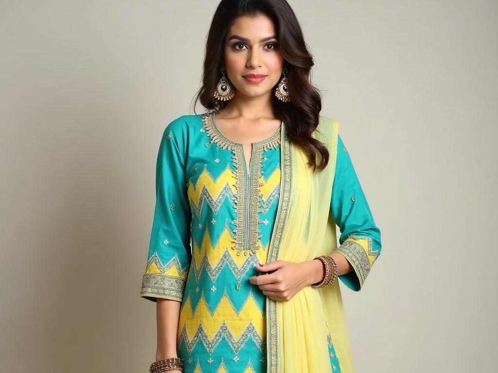 The image features an elegant woman wearing a traditional kurta with bright colors. The kurta is predominantly turquoise with a beautiful zigzag pattern in yellow and white. It is adorned with intricate golden embroidery and embellishments, adding a touch of elegance to her look. She pairs it with a light yellow dupatta draped gracefully over her shoulder. The woman's accessories include ornate earrings and bangles, which complement her outfit perfectly. Her hair is styled simply, allowing the outfit to take center stage. The background is neutral, which helps highlight the glamour of the attire.