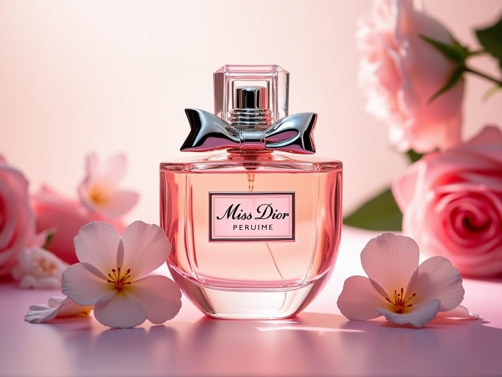 The image showcases a beautifully designed Miss Dior perfume bottle, prominently displayed on a soft and elegant surface. Surrounding the bottle are delicate flowers, enhancing its floral scent profile. The lighting is soft and diffused, creating an inviting and luxurious atmosphere. The color palette features gentle pinks and whites, embodying femininity and romance. This visual composition is ideal for attracting fashion-conscious consumers who appreciate elegant aesthetics.