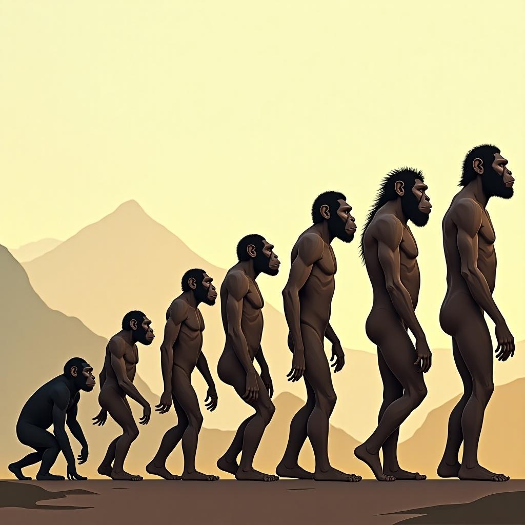 Image depicting the evolution of humans. Transition from early primates to modern Homo sapiens. Stages include Australopithecus, Homo habilis, Homo erectus, Neanderthals. Figures represented side by side in chronological order. Differences in posture and size demonstrate evolution. Background shows changing environments from jungle to savanna.