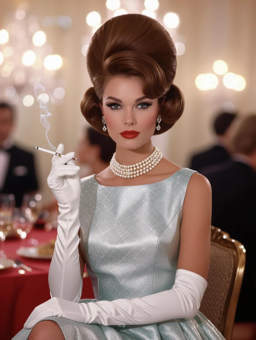 Portrait of a 1960s woman with voluminous bouffant hairstyle. Delicate pearl necklace and diamond earrings. Legs and high heels shown. Holding a cigarette. Flawless makeup with winged eyeliner and ruby red lipstick. Classic A-line dress in vibrant silver. White gloves and high heels. Glamorous cocktail party setting with soft lighting and elegant decor. Style reminiscent of Slim Aarons' photographs. Captures mid-century sophistication.