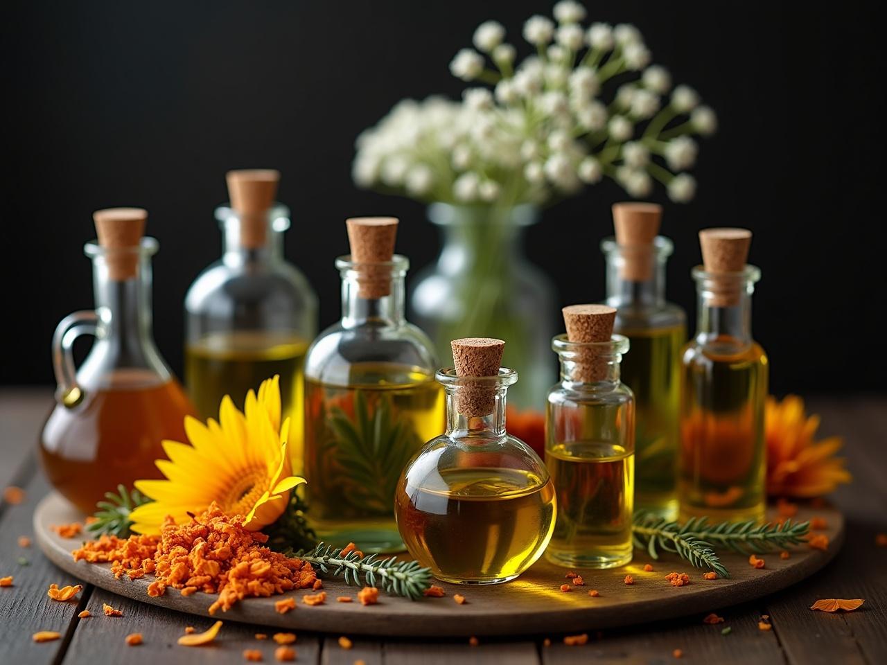 The image showcases a collection of various glass bottles filled with oils and herbs, elegantly arranged on a dark wooden surface. The bottles vary in size and shape, with some containing bright yellow and orange flower petals, while others hold rich colored oils. In the background, a small vase holds delicate white flowers, adding a touch of nature to the setting. The lighting creates a warm ambiance, highlighting the textures of the oils and the herbs within the bottles. This composition suggests a focus on natural remedies or artisanal products, making it visually appealing and inviting.