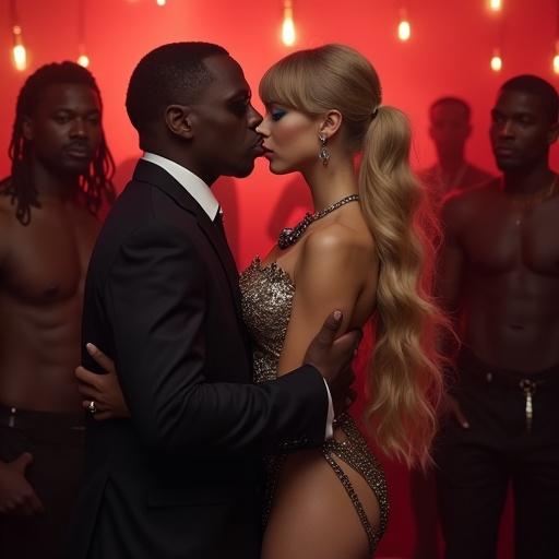 Nightclub scene with a couple. Woman has long blonde twintails, blue eyes, and elaborate makeup. She's wearing an emma frost costume, high heels, and a black spade pendant. The man is a large black rapper holding her close. Other men are nearby. The atmosphere is dramatic with red tones.