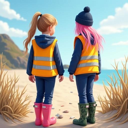 Two girls with long hair standing on a beach picking up litter. Two girls wearing hi-visibility vests and Wellies. One girl has a ponytail and wears pink boots. The other girl wears a beanie and camo boots. The beach scene features sand and gentle waves.