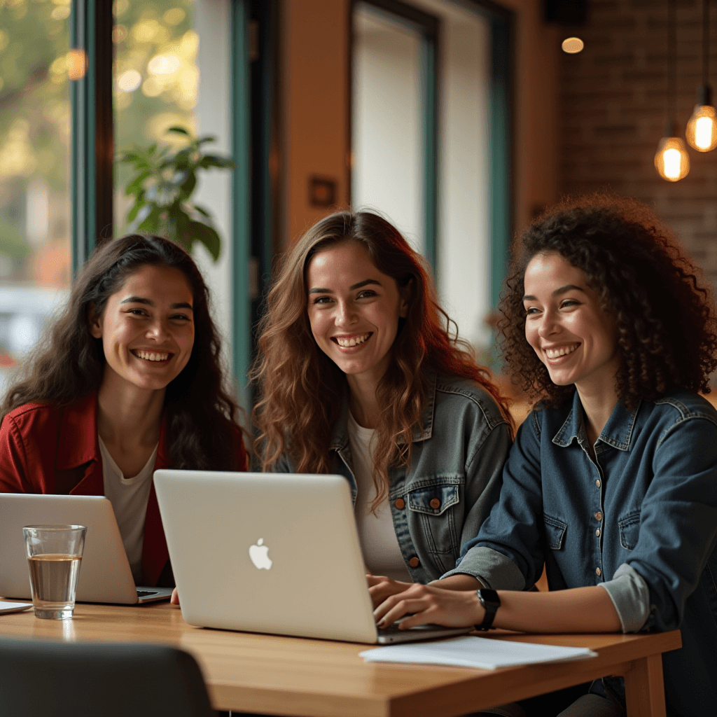 Three women smiling and working on laptops in a cozy cafe environment.