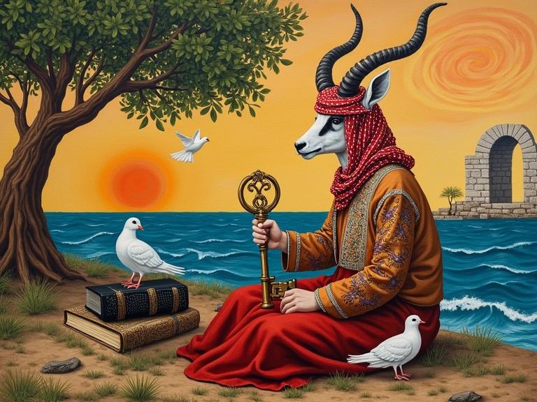 A traditional Palestinian folk art scene features an anthropomorphic gazelle seated under an olive tree by the sea. The gazelle wears a keffiyeh and embroidered thobe. A vintage key is held in one hoof while resting on a black book with the other. Two doves are flying above. The background includes waves, an arched ruin, and a sunset sky. The artwork symbolizes Palestinian culture and resistance through olive branches, keys, embroidery, and keffiyeh. The style has bold outlines and earth tones, creating an emotional and symbolic effect.