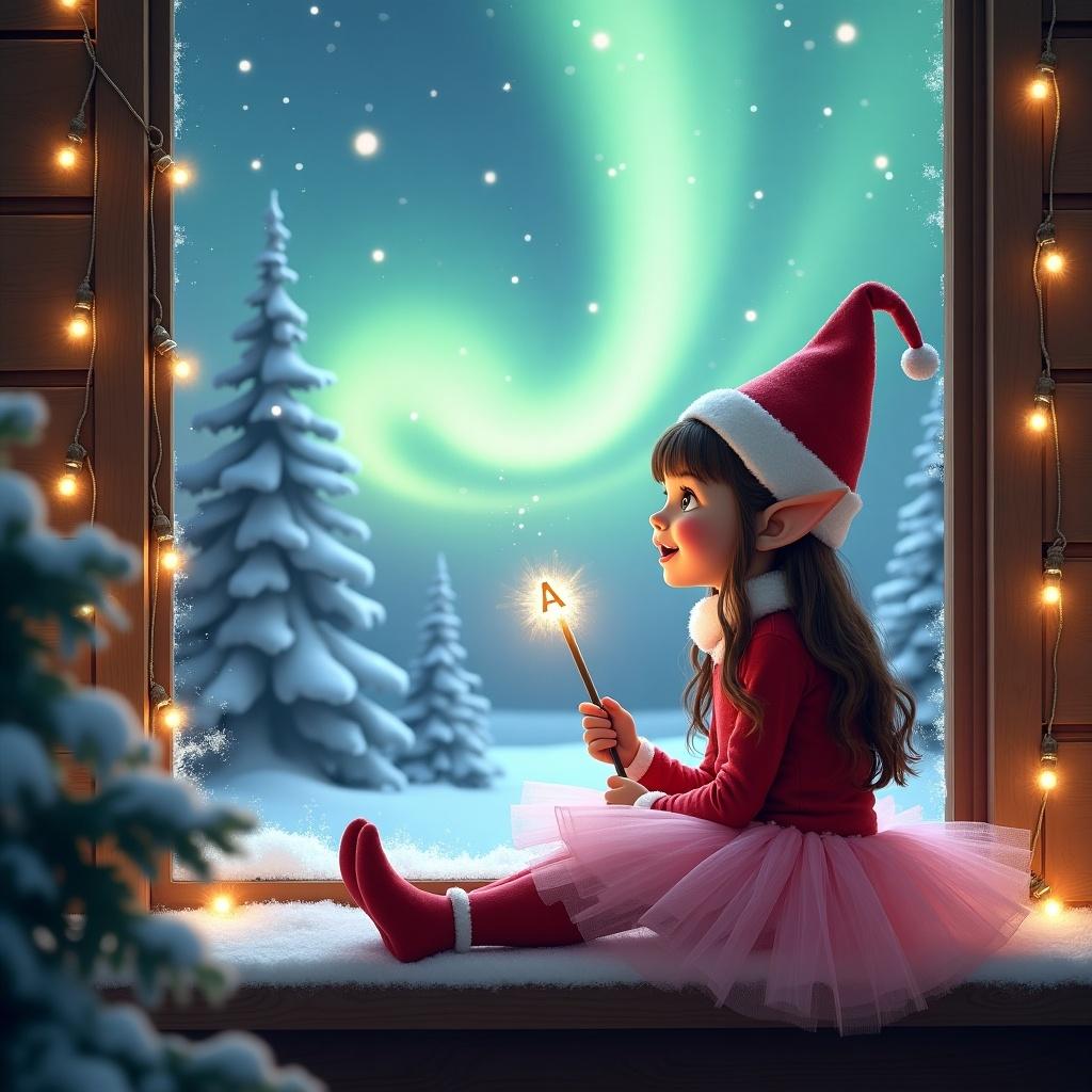 A cheerful elf sitting at a window during winter. Gazing at northern lights. Holding a wand with the word Nora. Excited expression. Window ledge decorated with snow and holiday items. Outside, snow-covered trees. Captures Christmas anticipation and winter magic. Elf wearing a pink tutu.