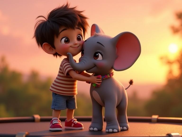 A 7-year-old boy hugs a baby Asian elephant at sunset. The boy has dark brown hair, big hazel eyes, and wears a striped shirt and shorts. The elephant has gray skin with pink accents and a colorful yarn bracelet. The scene is bright and cheerful with an orange and pink sky.