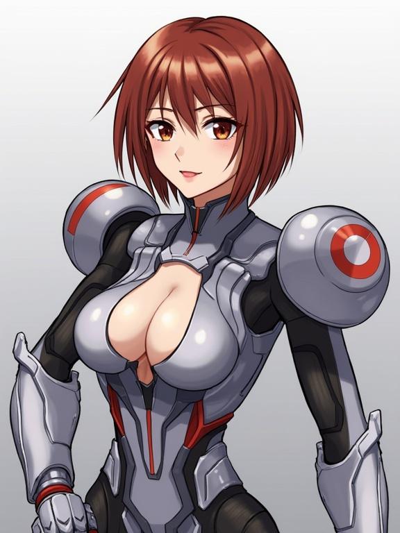 Character wearing a futuristic power armor. The armor features silver and red details. The character has short red hair and is looking directly at the viewer. The outfit highlights the chest area with a cutout design. Background is simple to focus on the character's upper body. Sci-fi themes emphasized.