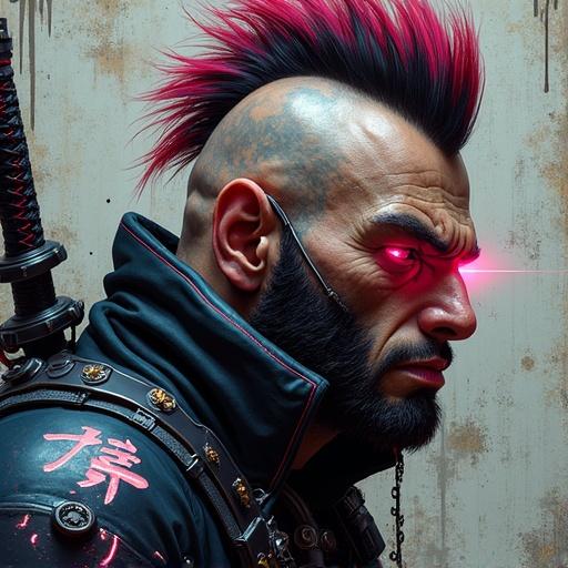 Close-up view of a male orc street samurai. Character features a massive build with a cybernetic jaw and glowing red eye. Hair styled in a slick mohawk with neon tips. Armor jacket has glowing kanji patches. Background shows graffiti-tagged wall with neon highlights and smoke effects. Katana hilt is visible behind. Includes AR interface fragments around the head.