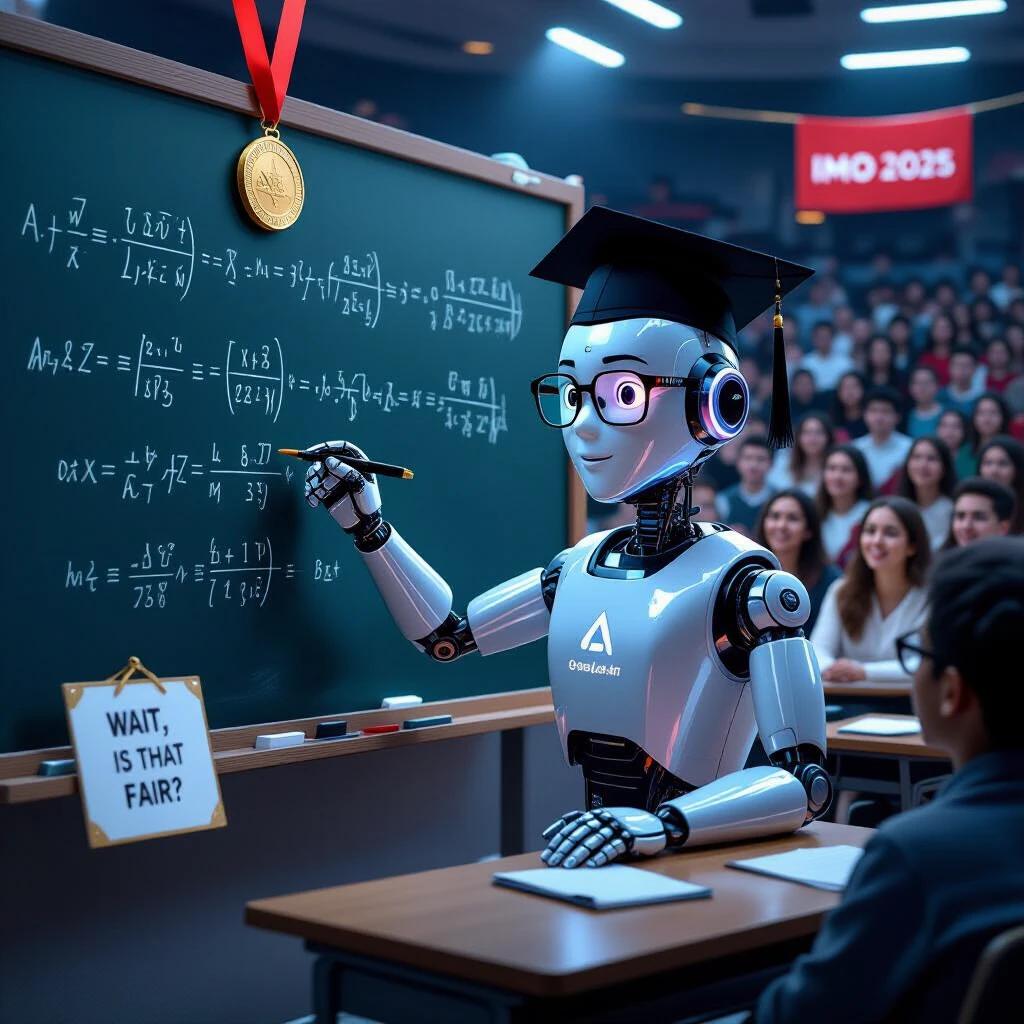 Futuristic robot student confidently writing elegant mathematical proofs on a blackboard filled with complex equations in a classroom styled like an Olympic arena. Gold medal floats above the board. Crowd of amazed human students watches. Red 'IMO 2025' banner hangs on the wall. Robot has OpenAI logo on shirt and Google DeepMind logo in corner. Holding a sign that says 'Wait, is that fair?'. Cinematic lighting and vibrant colors create a playful sci-fi vibe.