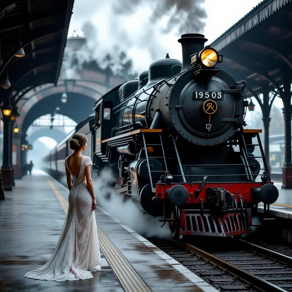 Elegant woman gazes at massive steam locomotive. She stands alone on misty train platform. Covered station resembles tunnel. Contrast between refined beauty and locomotive's decay. Dramatic steam and lighting. Vintage photo vibe.