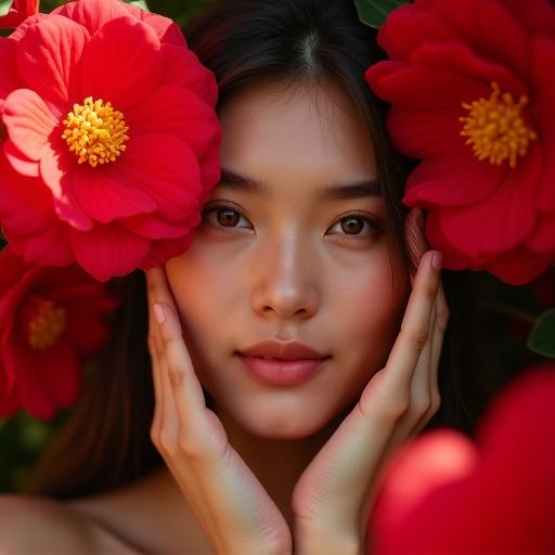 High quality and high contrast photography featuring a person surrounded by vibrant red camellia flowers. The person's face partially obscured by flowers. Direct eye contact with the camera. Large vivid flowers with bright yellow stamens. Smooth skin illuminated by natural light. Soft warm atmosphere with a lush floral background. Hands gently near the face. Dreamy ethereal quality from light and flowers.