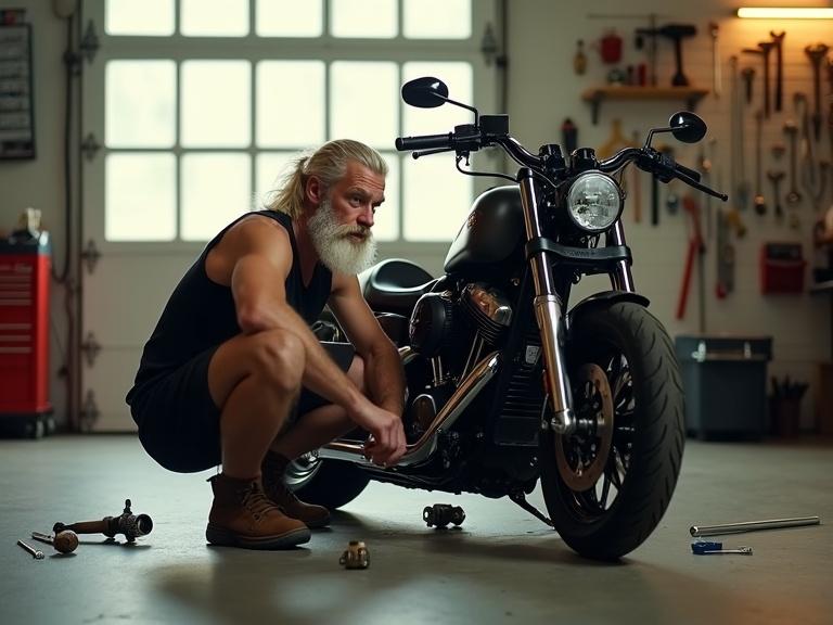 Capture a middle-aged man with light skin and a long light blonde beard working on a motorcycle in a garage. He is wearing a black tank top and shorts with brown boots. The motorcycle is dark-colored and tools are scattered around. The garage is well-equipped and illuminated.