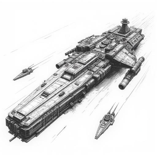 Highly detailed black and white line art of a colossal capital class starship in a low-angle perspective. Starship features interconnected modules, weapon turrets, sensor arrays, and smaller escort ships for scale.