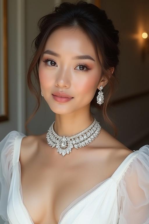 Elegant model showcases stunning diamond jewelry wearing a white gown. Jewelry features prominently while the model's face is clearly visible. Images should capture multiple angles of the same jewelry piece.