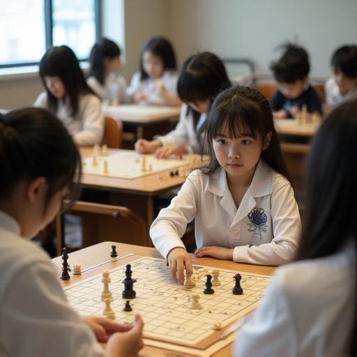 Japanese girls engage in a game of Go in a classroom setting with desks arranged. Focus on strategic play and concentration of the children.